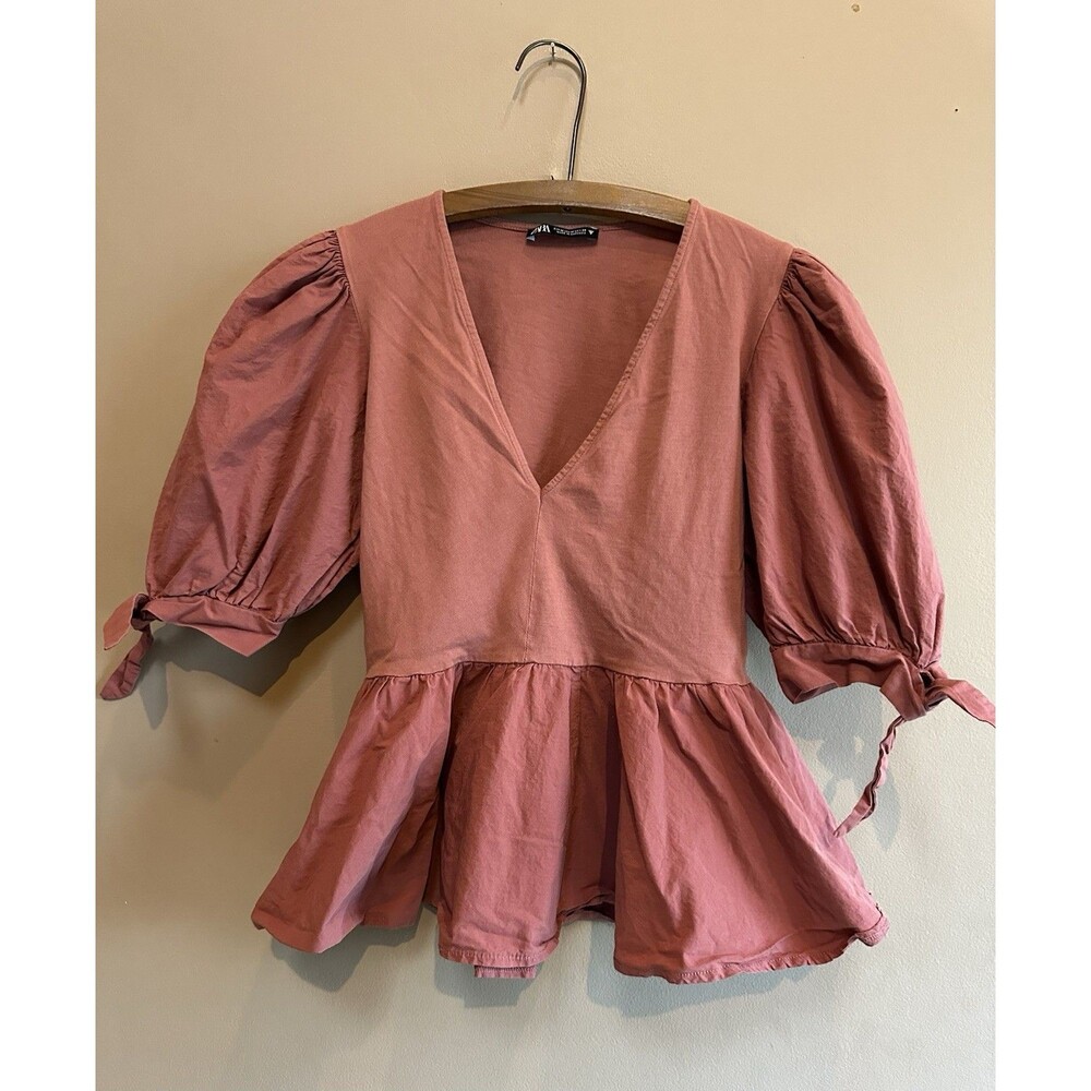 Zara Pink Bell Sleeve Tie Peplum Blouse 100% Cotton Women's Size Medium EUC - Picture 6 of 13